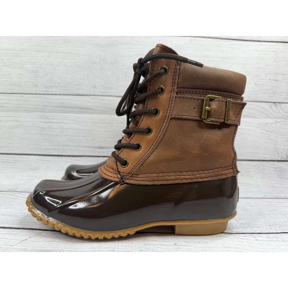 Bass Harlequin Duck Boots Brown Leather Rubber Waterproof Lace Up Buckle‎ Size 7